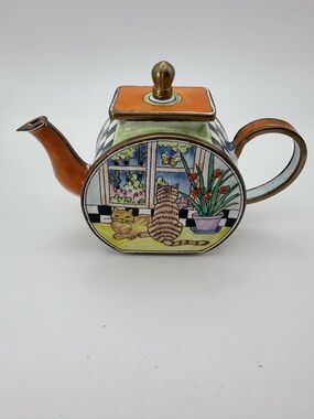 Kelvin Chen Miniature Enamel Teapot No. 2777 Cats by Window Hand Painted 2000